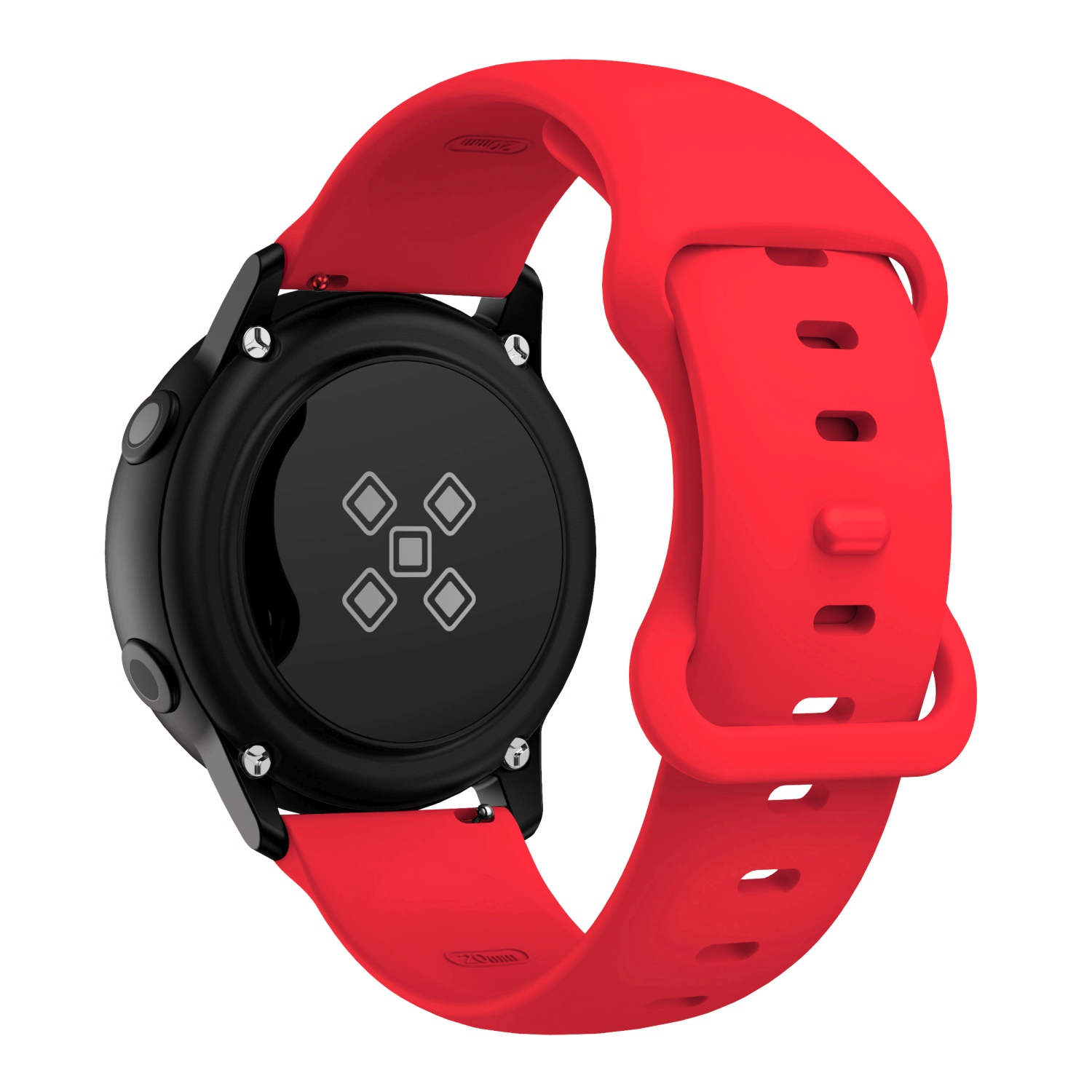 Schwarze Smartwatch mit rotem Armband, Rückseite mit Sensoren, Armband befestigt.