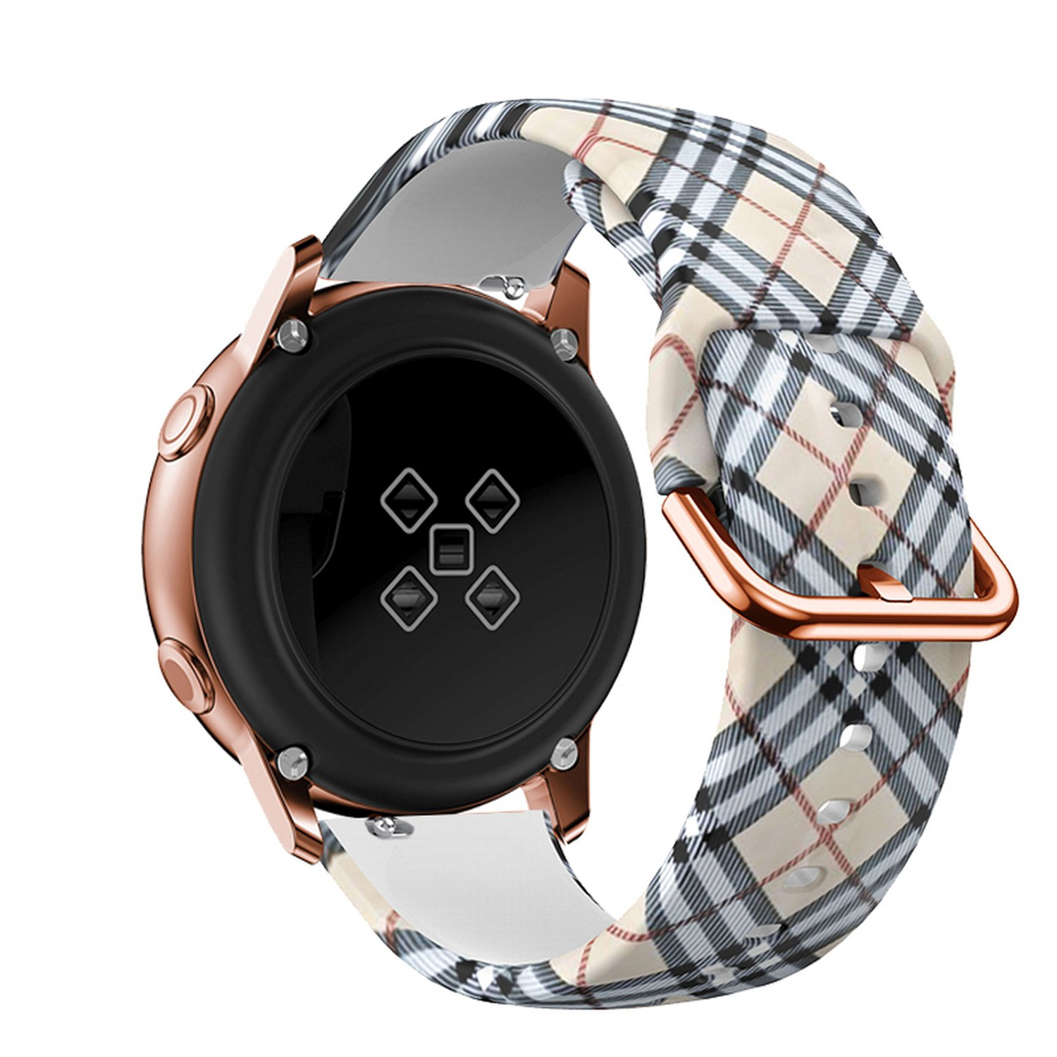 Roségoldene Smartwatch mit kariertem Armband, schwarze Rückseite mit Sensoren.
