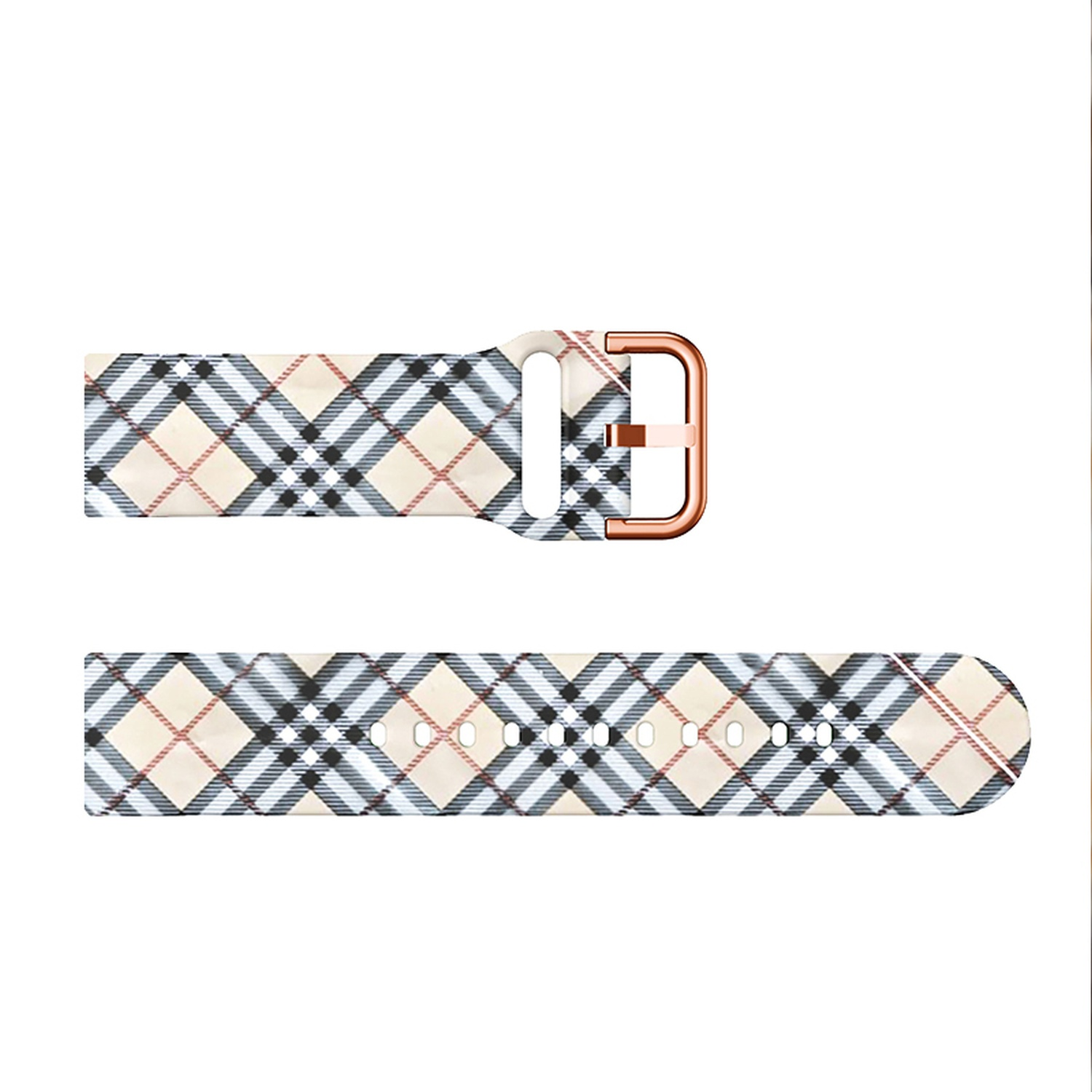Ein Uhrenarmband mit cremefarbenem und kariertem Design und einer roségoldenen Schnalle.