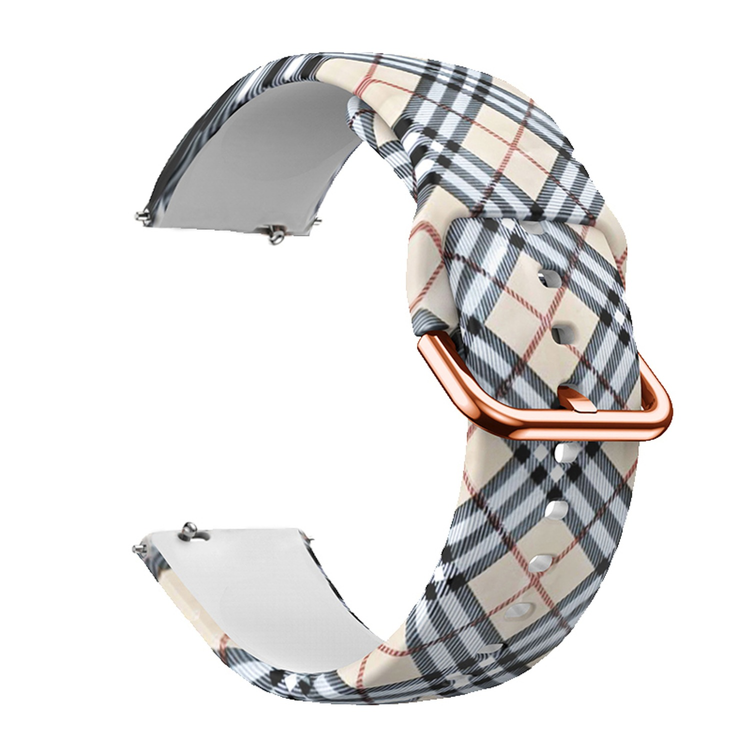 Ein Uhrenarmband mit Karomuster und einer bronzefarbenen Schnalle. Der Hintergrund ist weiß.