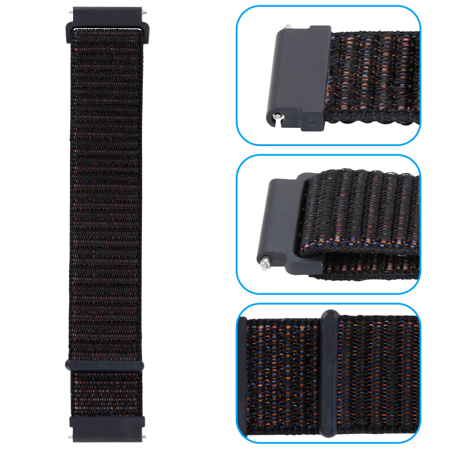 Ein schwarzes Uhrenarmband mit schwarzer Schnalle. Das Band hat ein schwarz-orangenes Webmuster.