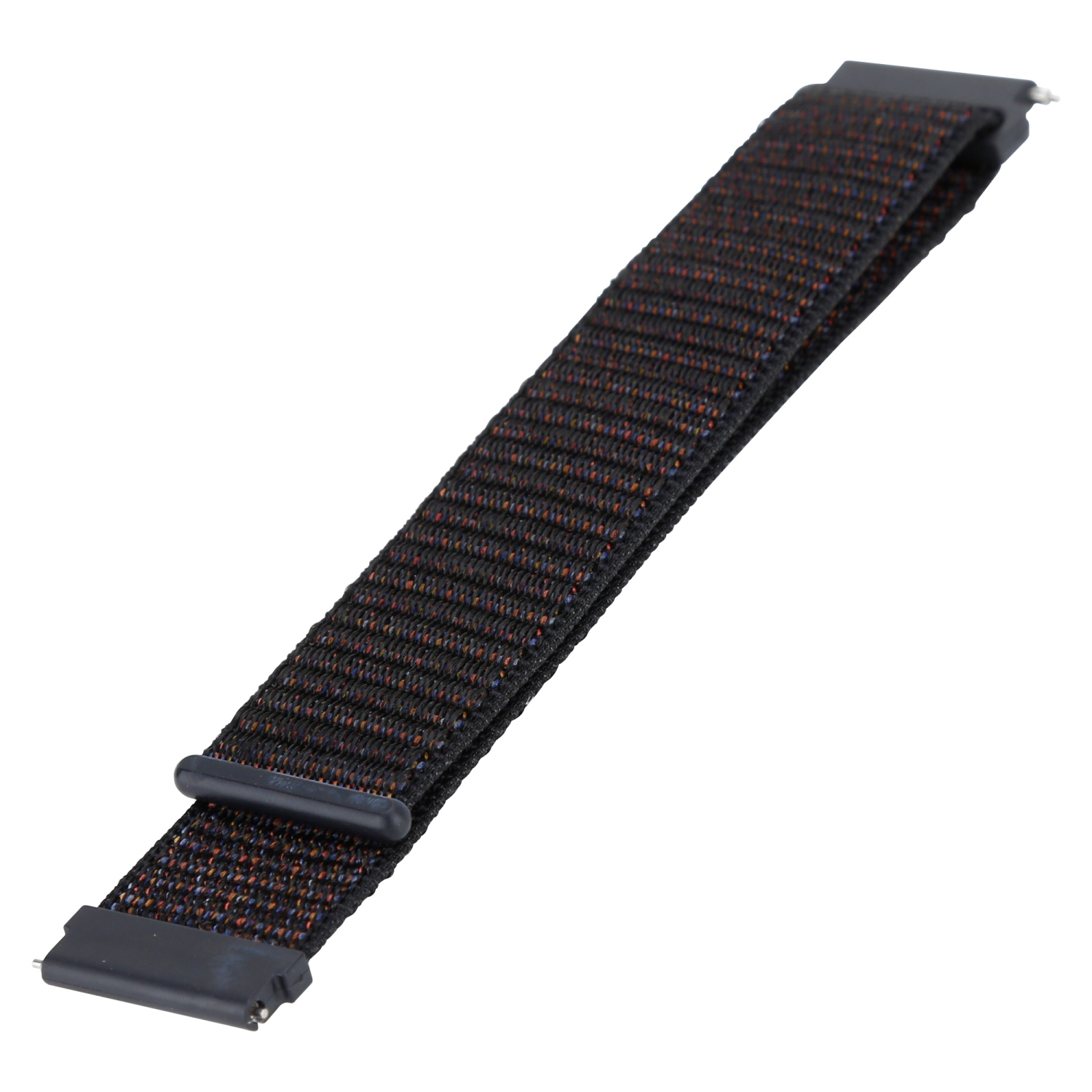 Schwarzes Uhrenarmband mit braun-orangefarbenem Webmuster.