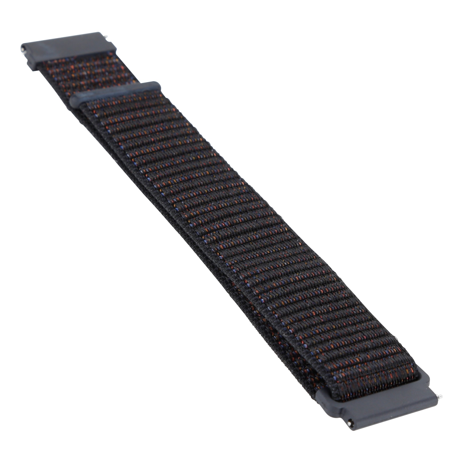Ein schwarzes Stoff-Uhrenarmband mit roten und blauen Fäden. Das Band hat einen grauen Verschluss.