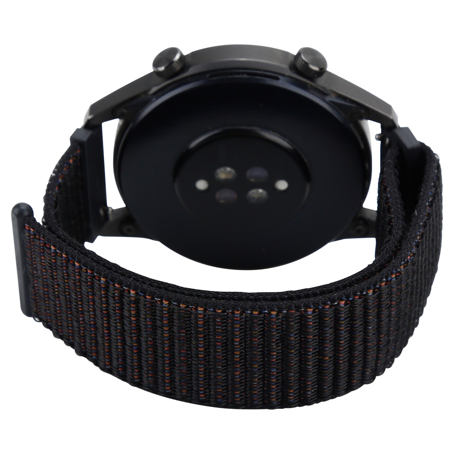 Schwarze Smartwatch mit schwarzem und braunem Stoffarmband. Die Unterseite zeigt Sensoren.
