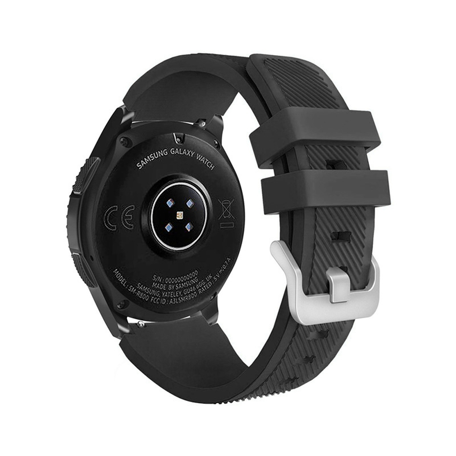 Eine schwarze Samsung Galaxy Watch mit schwarzem Armband. Die Unterseite der Uhr ist sichtbar.