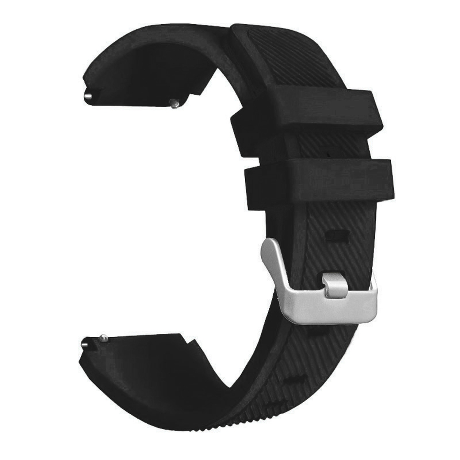 Schwarzes Uhrenarmband mit silberner Schnalle. Nahaufnahme des Armbands und der Schnalle. Weißer Hintergrund.