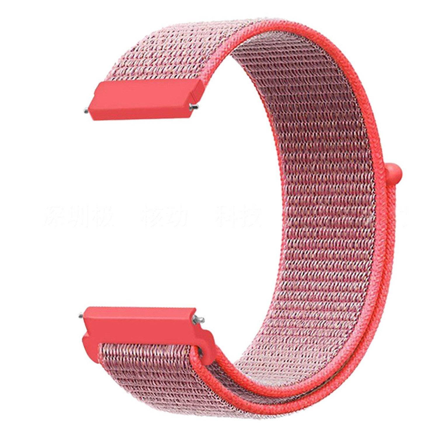 Ein rotes Uhrenarmband. Es hat eine Stoffstruktur mit roten Akzenten und Metallschnallen.
