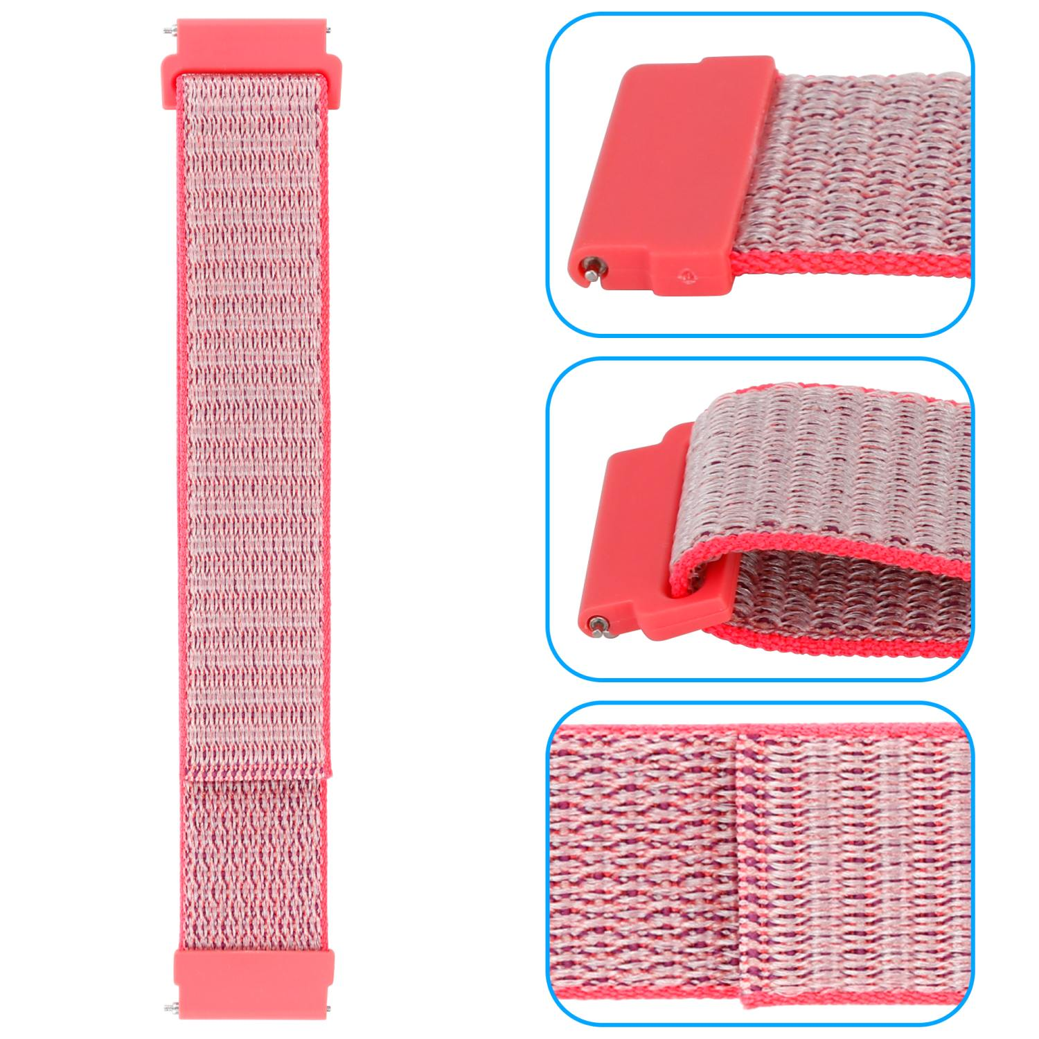 Ein pinkfarbenes Uhrenarmband mit rosa Anschlüssen und einer gewebten Textur.