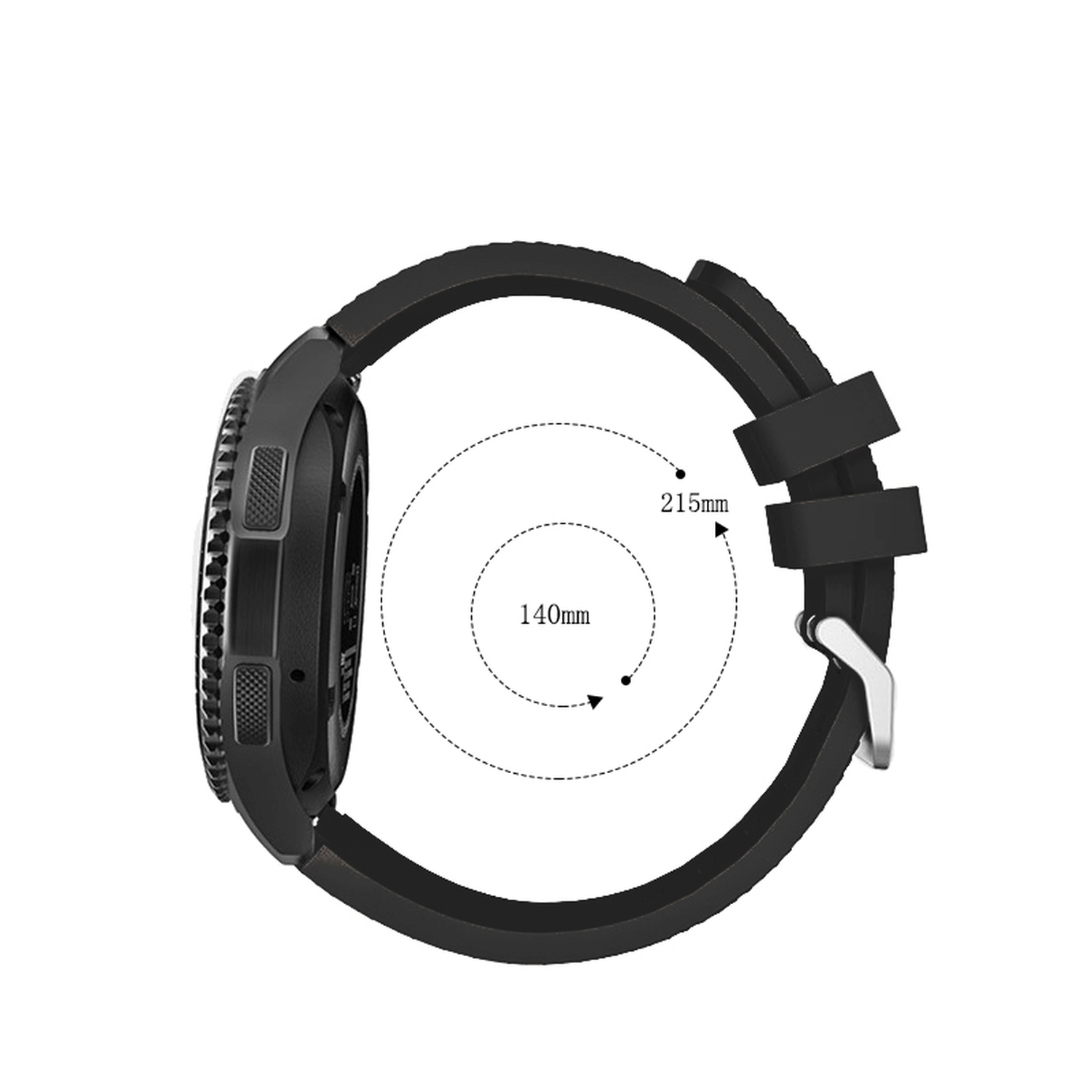 Schwarze Smartwatch mit schwarzem Armband. Messungen sind angegeben.