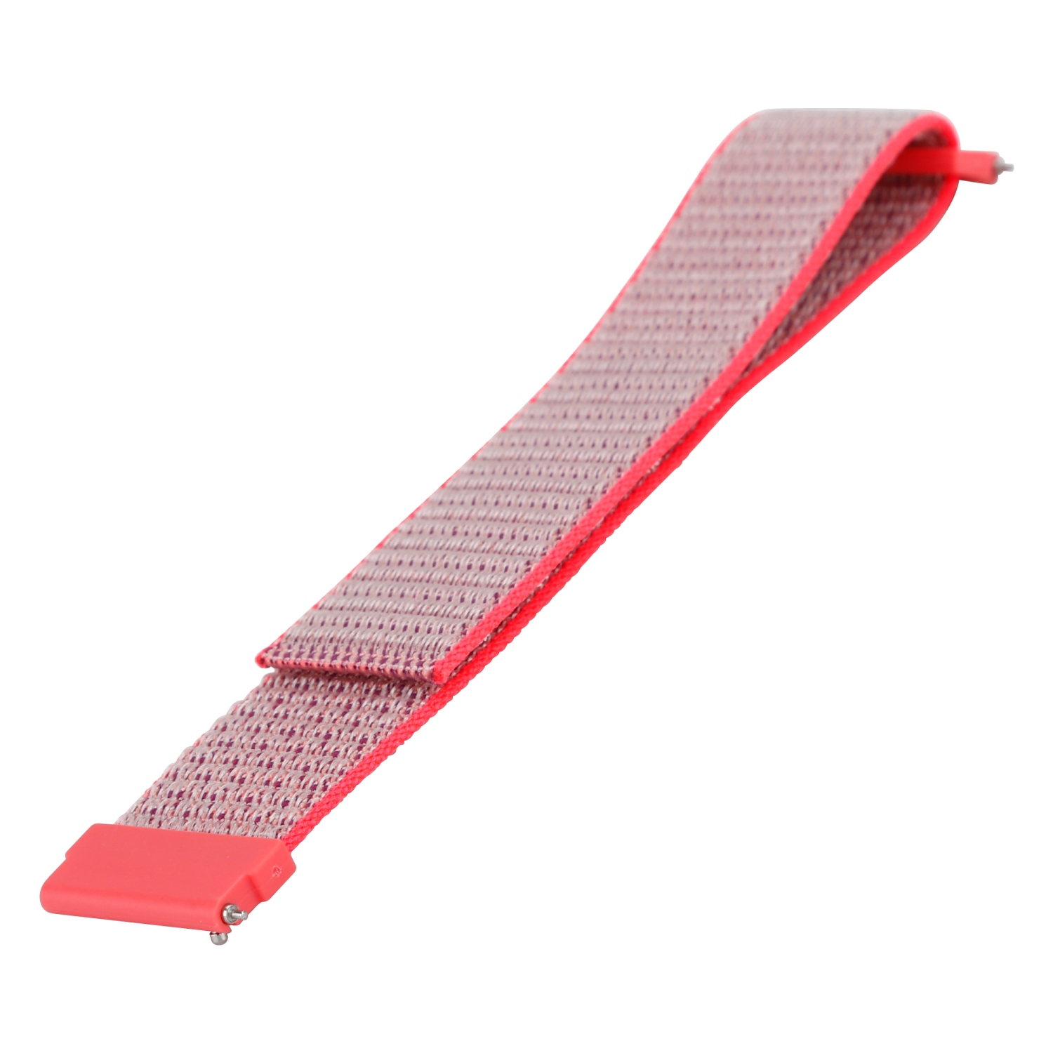 Rosa-weißes Stoff-Uhrenarmband. Es besteht aus einem gewebten Material mit roter Zierleiste und rotem Verschluss.