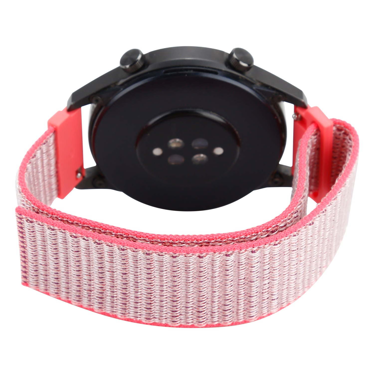 Eine Smartwatch mit schwarzem Gehäuse und einem rosa-grauen Stoffarmband.