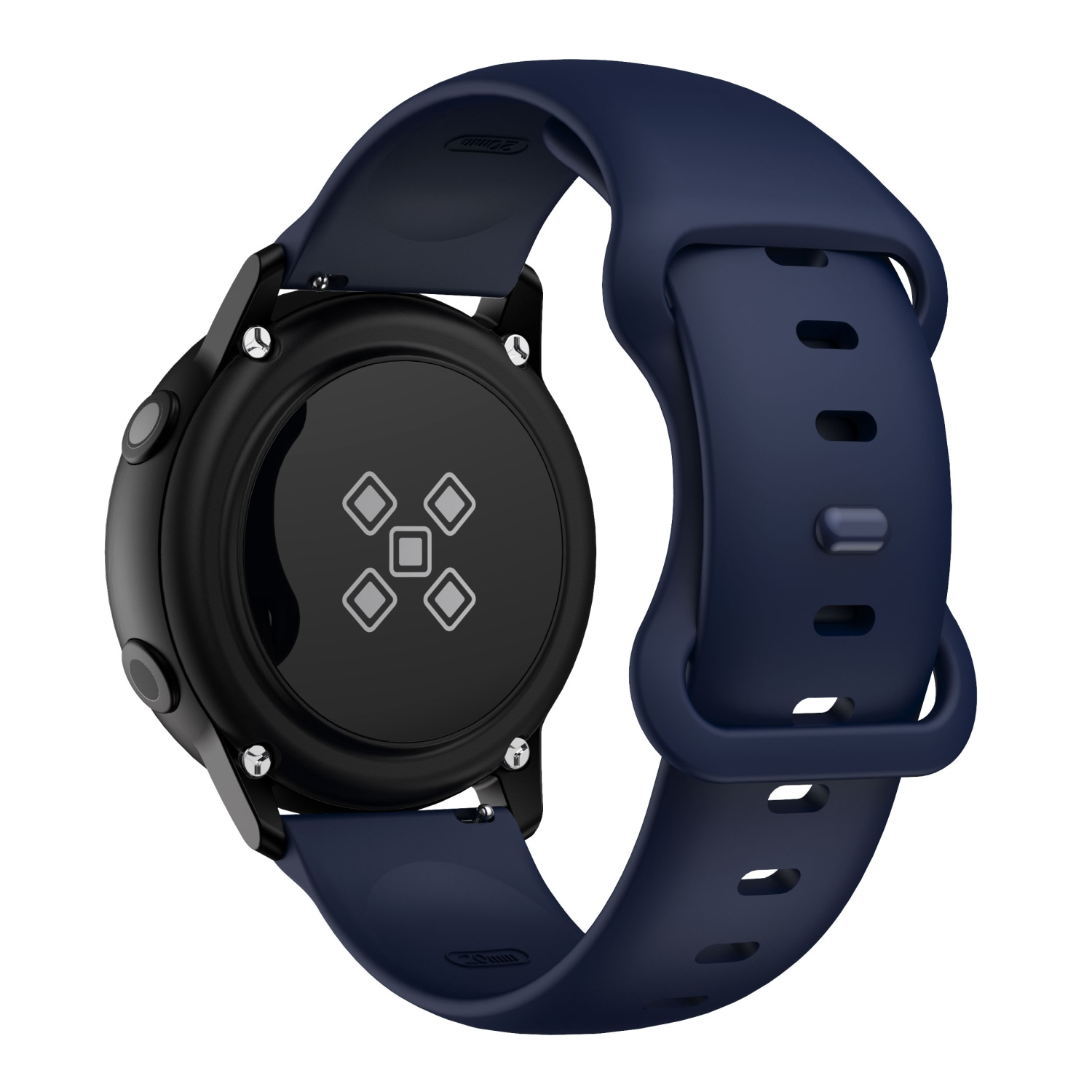 Eine Uhr mit blauem Armband, die Rückseite hat Sensoren und ein schwarzes Panel, schwarzes Zifferblatt, schräge Ansicht.