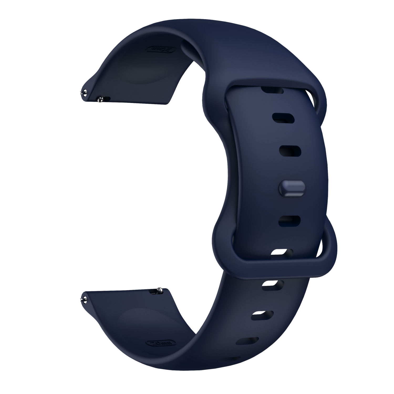 Ein dunkelblaues Smartwatch-Armband. Es ist ein gebogenes Band mit einer Schnalle.
