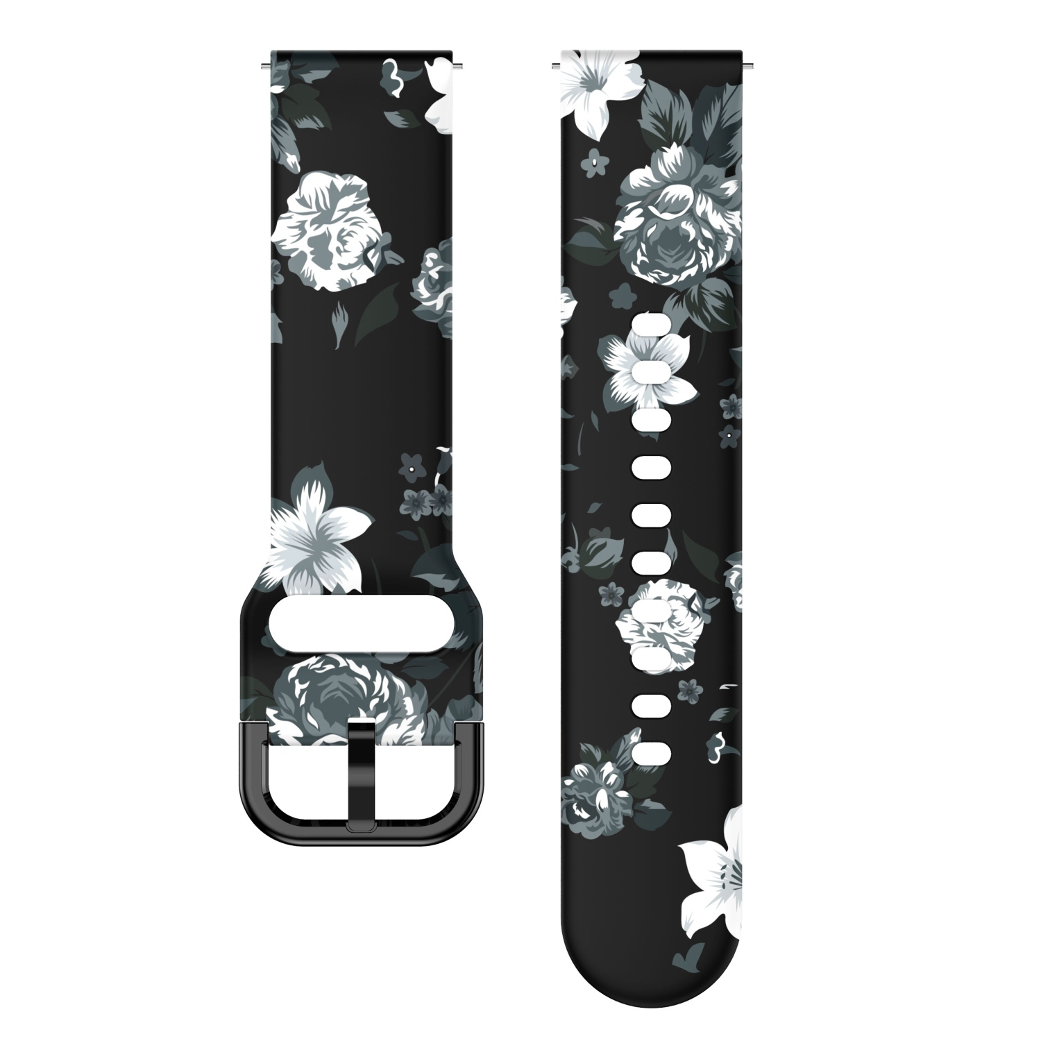 Schwarzes Uhrenarmband mit weißem Blumenmuster.