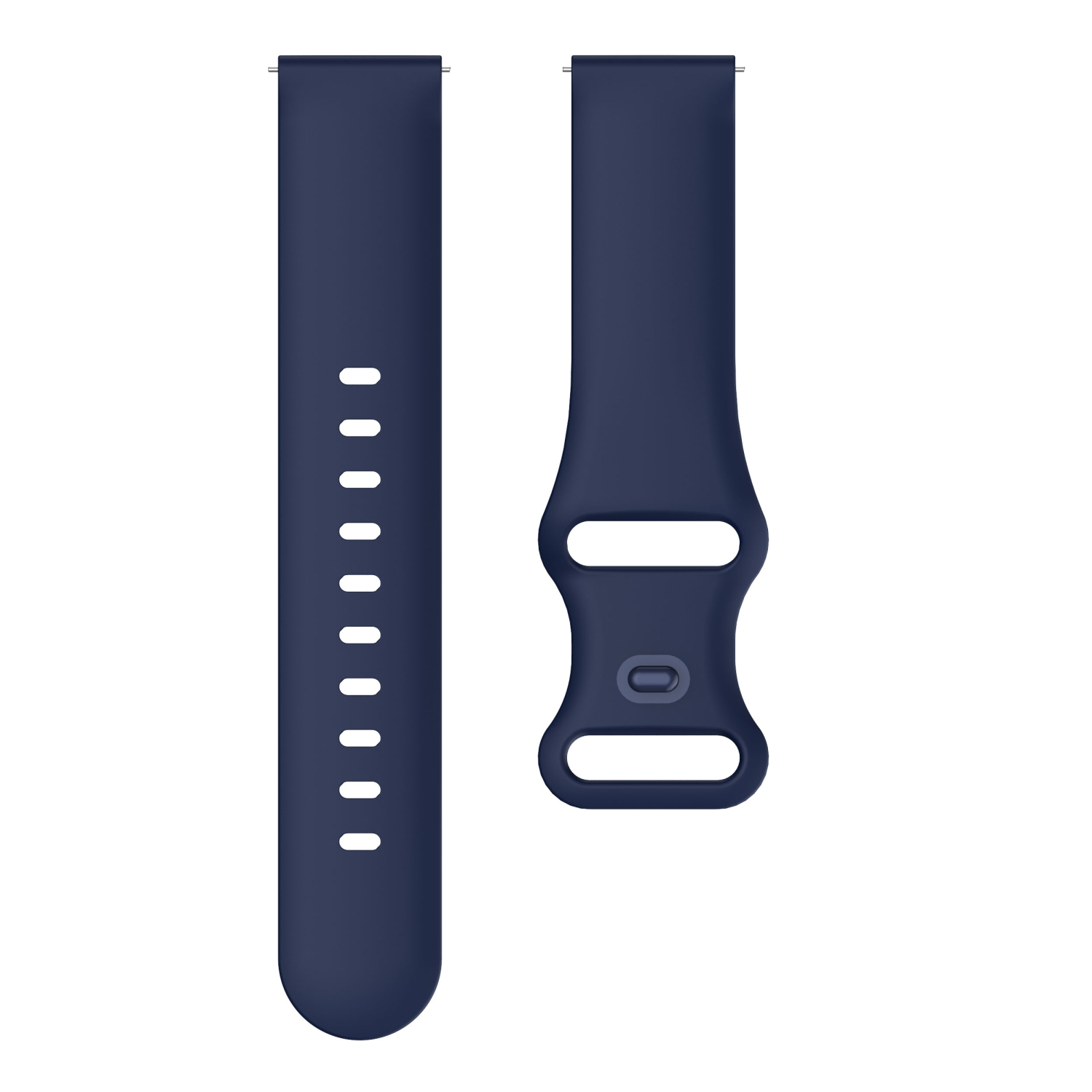 Zwei marineblaue Uhrenarmbänder. Eines mit Löchern, das andere mit einer Schnalle.