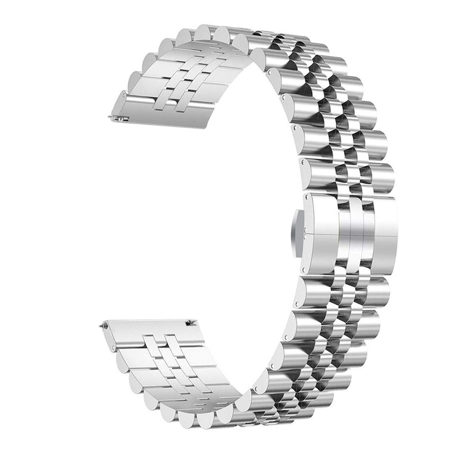 Nahaufnahme eines silbernen Uhrenarmbands mit abwechselnden Gliedern.