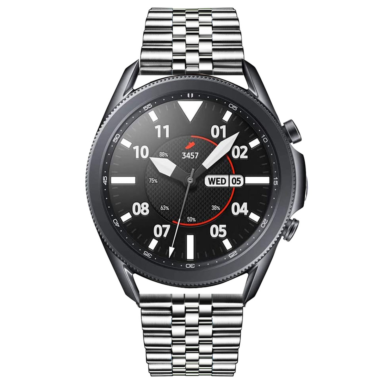 Eine schwarze Smartwatch mit silbernem Armband wird auf weißem Hintergrund gezeigt.