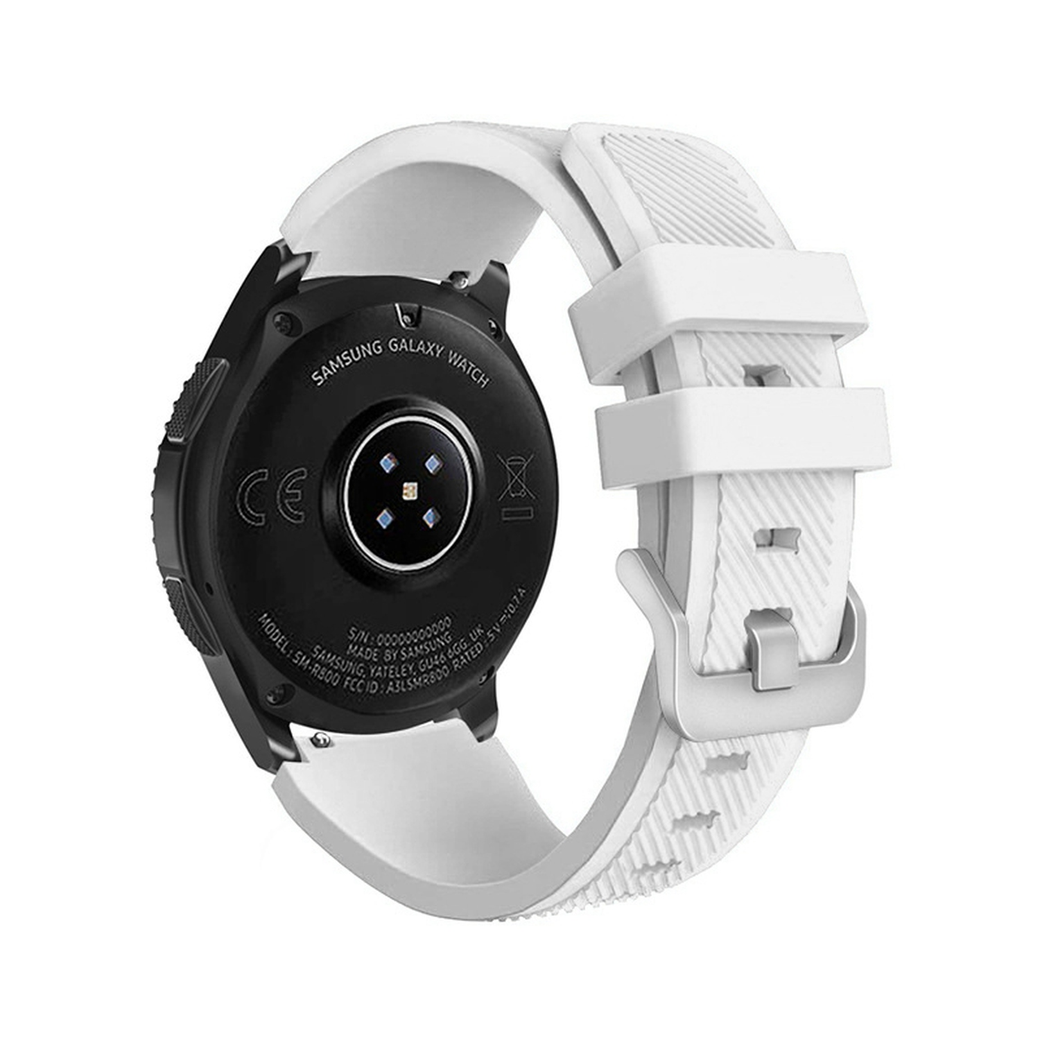 Eine weiße Uhr mit weißem Armband. Die Rückseite zeigt das Samsung Galaxy Watch Logo.
