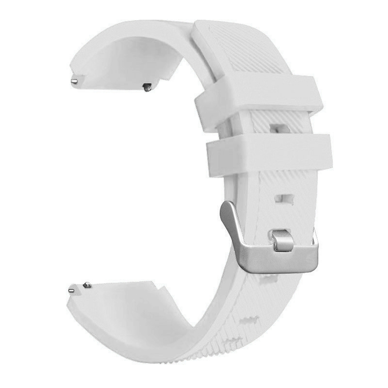 Ein weißes Smartwatch-Armband mit silberner Schnalle. Es hat ein geriffeltes Design.