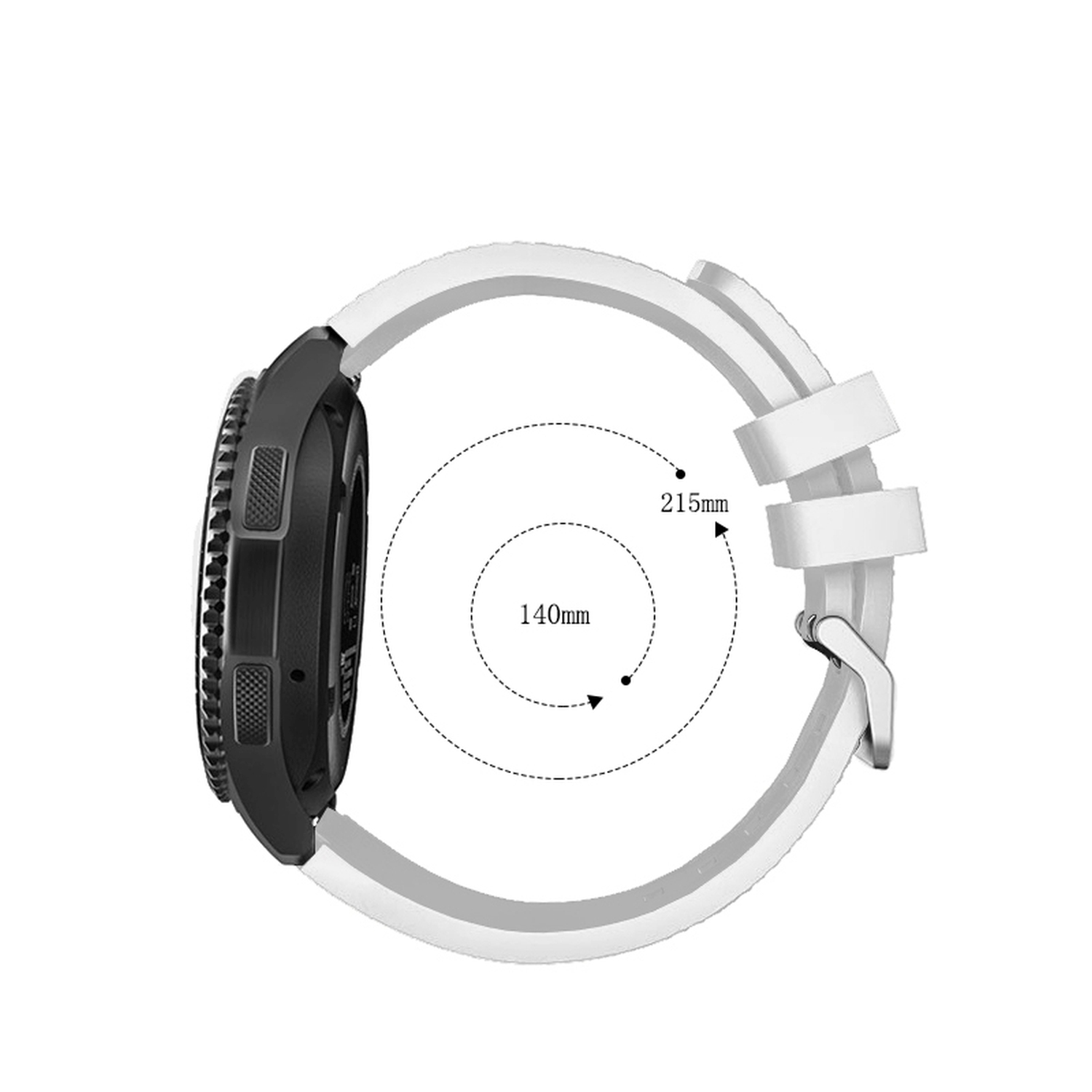 Eine schwarz-weiße Smartwatch mit weißem Band, die Messungen zeigt.