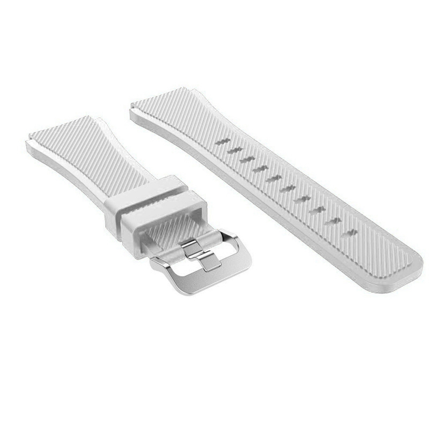 Weißes Uhrenarmband mit Schnalle. Das Armband besteht aus zwei Teilen.