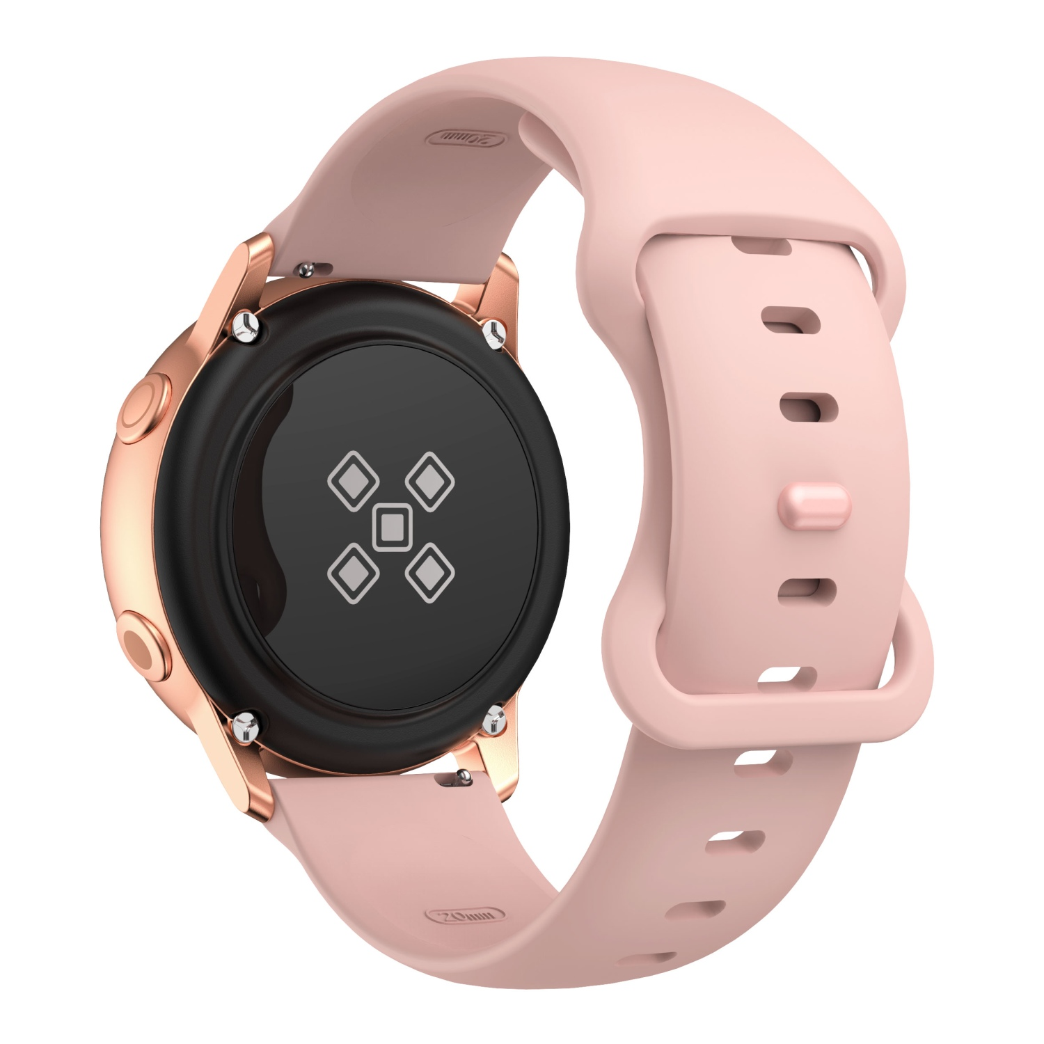Roségoldene Smartwatch mit pinkfarbenem Armband und schwarzer Sensorenrückseite.