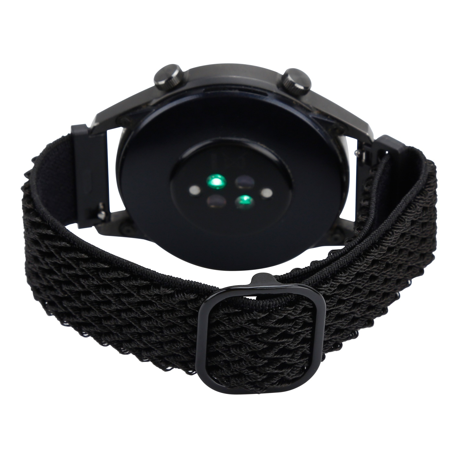 Schwarze Smartwatch, Rückseite mit Herzfrequenzsensor und schwarzem Webarmband mit Schnalle.