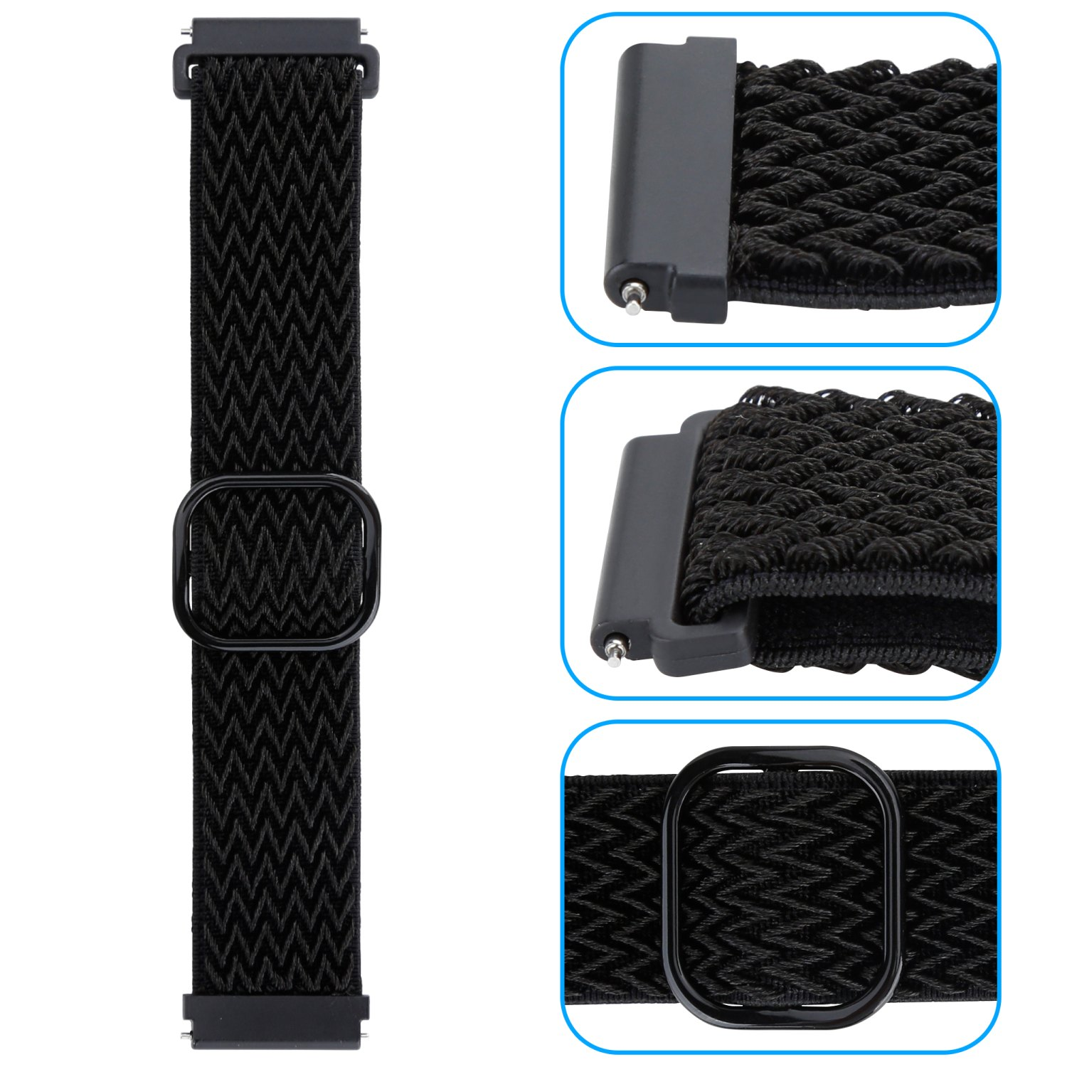 Schwarzes Uhrenarmband mit Webmuster und Schnalle.