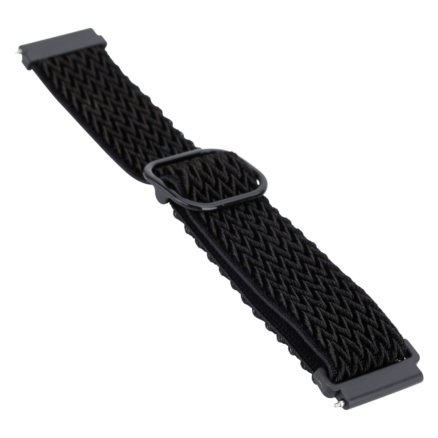 Schwarzes Uhrenarmband mit geflochtener Textur und Verschluss, weißer Hintergrund.