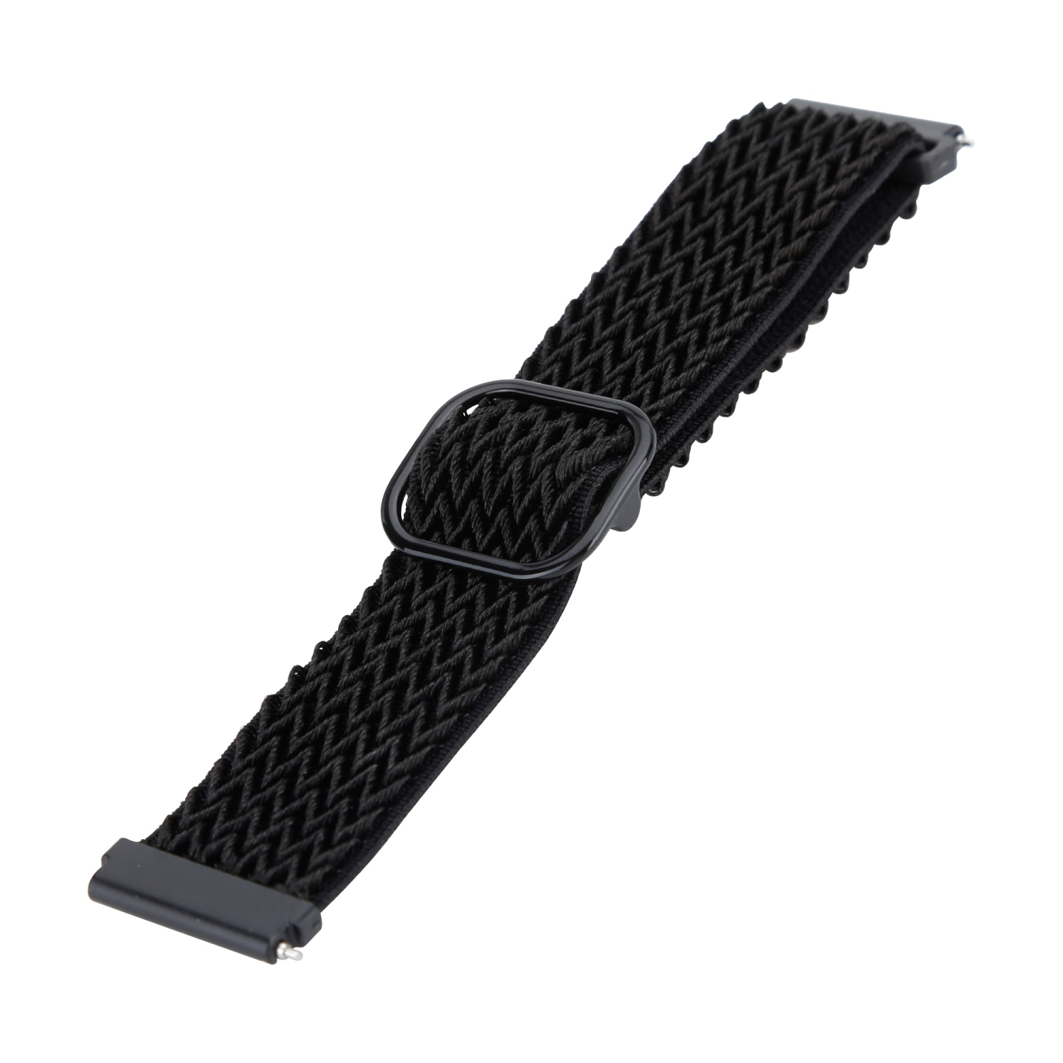 Ein schwarzes gewebtes Uhrenarmband mit einer schwarzen Schnalle. Es ist auf weißem Hintergrund.