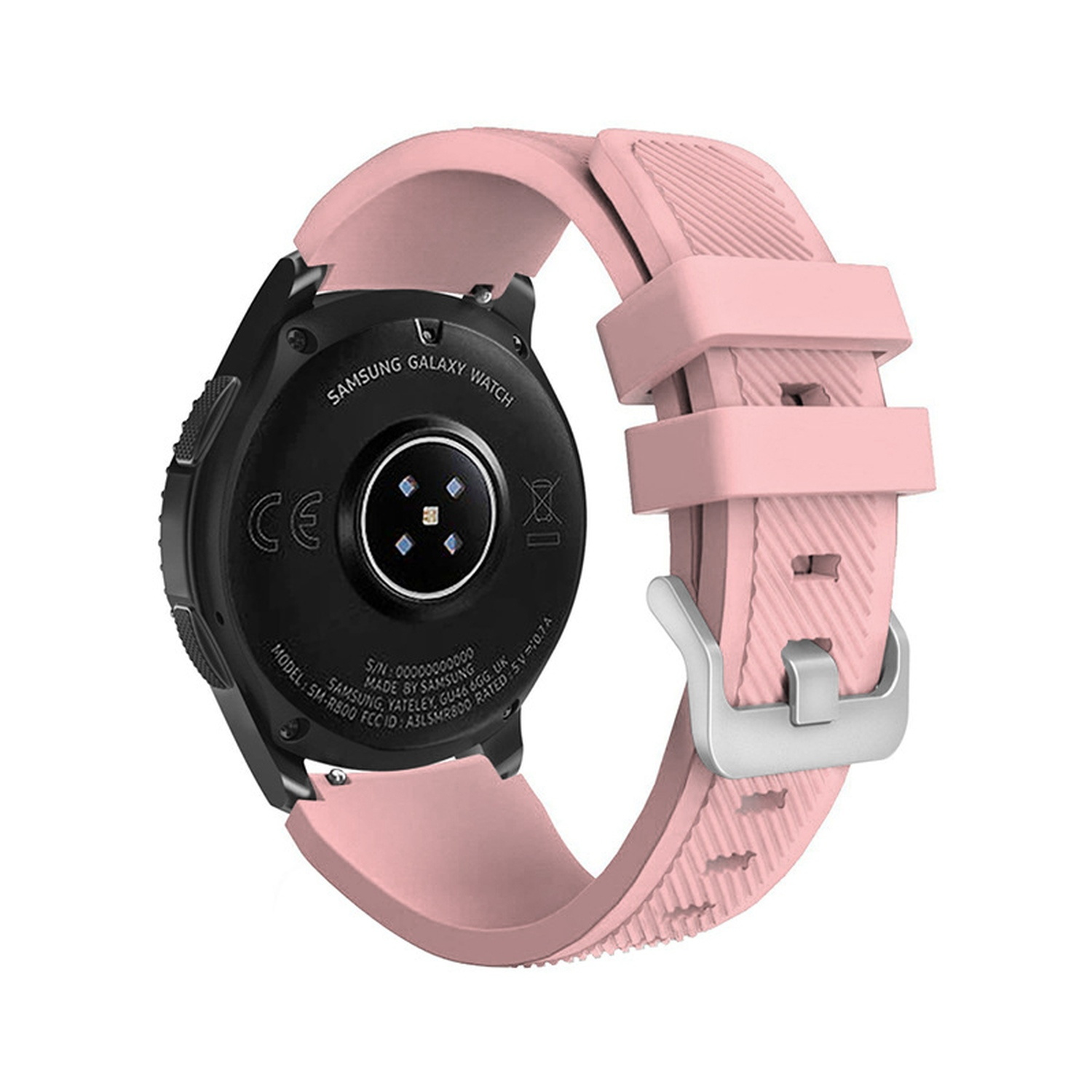 Eine schwarze Samsung Galaxy Watch mit pinkfarbenem Armband, von hinten betrachtet, zeigt die Komponenten der Uhr.