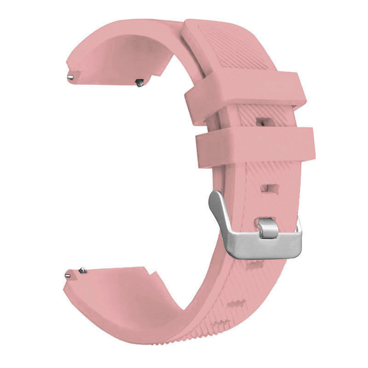 Rosa Uhrenarmband mit silberner Schnalle. Armband hat gebogene Form und strukturiertes Muster.