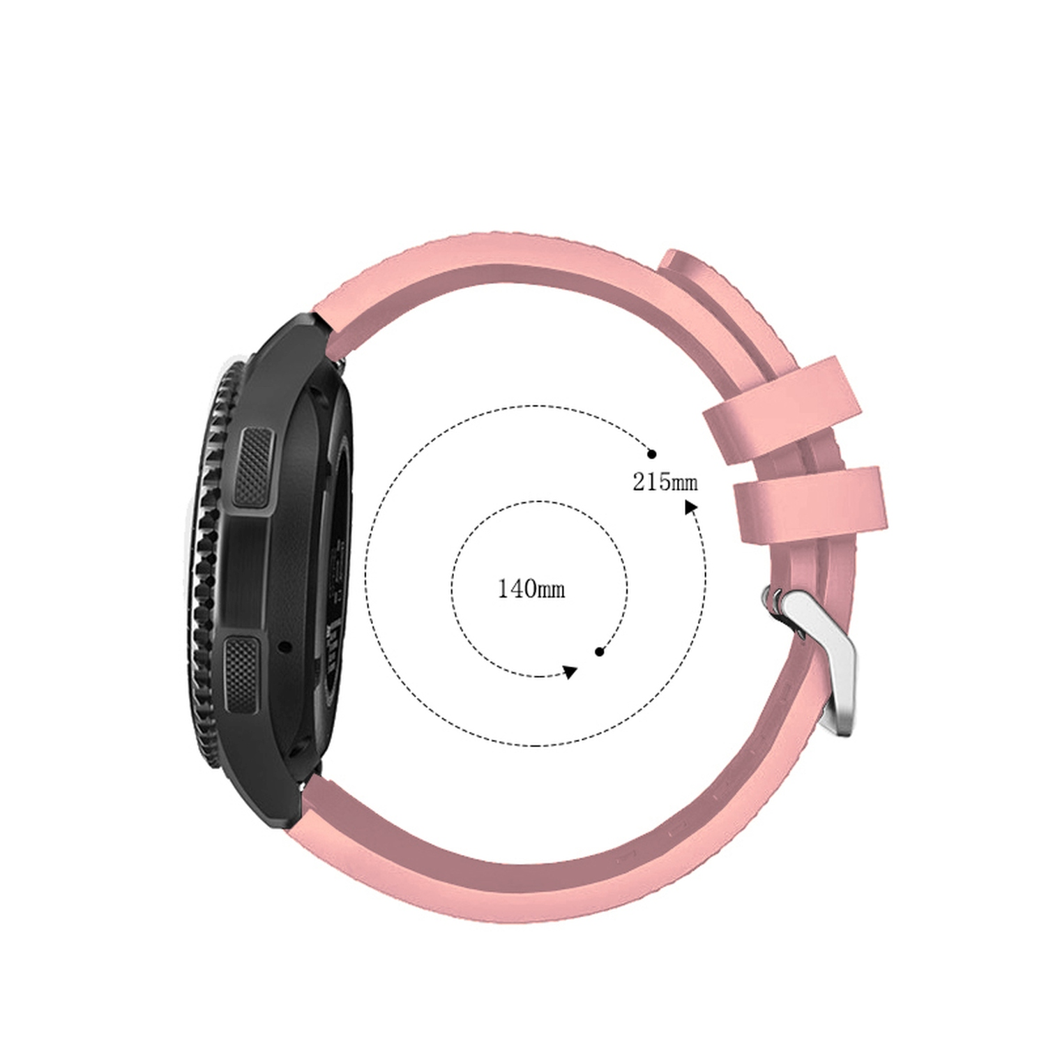 Smartwatch mit rosa Armband und Diagramm mit Maßen: 140 mm und 215 mm.