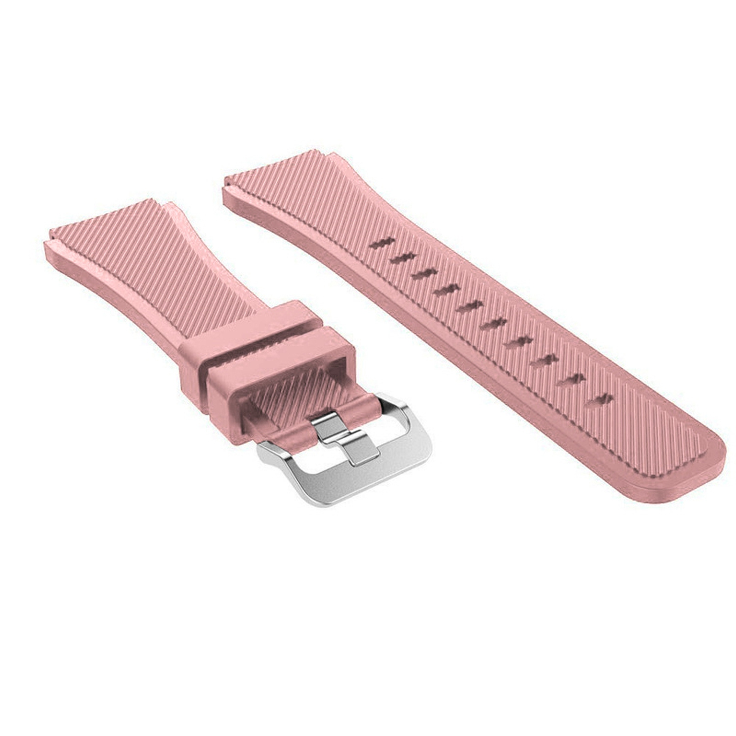 Zwei rosa Uhrenarmbänder mit einer silbernen Schnalle. Die Armbänder haben eine strukturierte Oberfläche und sind auf weißem Hintergrund.