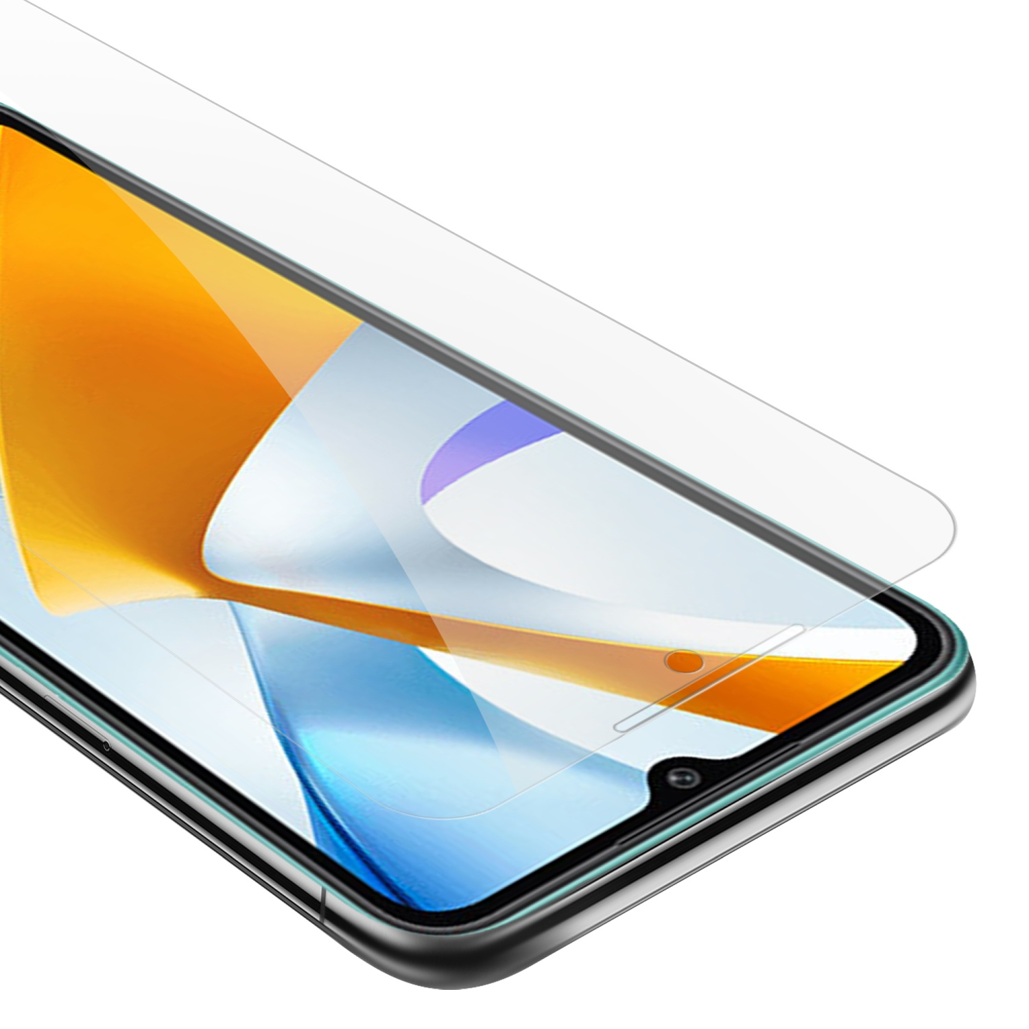 Un telefono con protezione schermo. La protezione è trasparente, copre lo schermo. Il telefono è nero.
