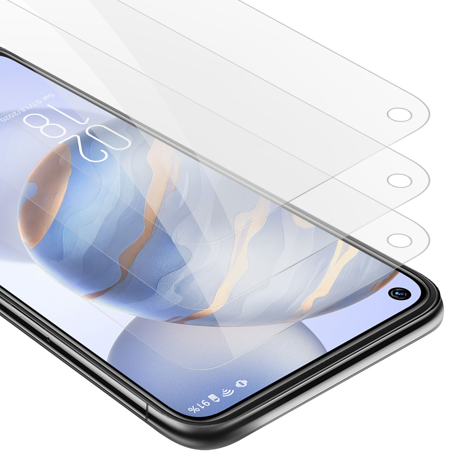 Primo piano di un telefono con protezione schermo applicata. Lo schermo mostra uno sfondo astratto con ora e segnale.