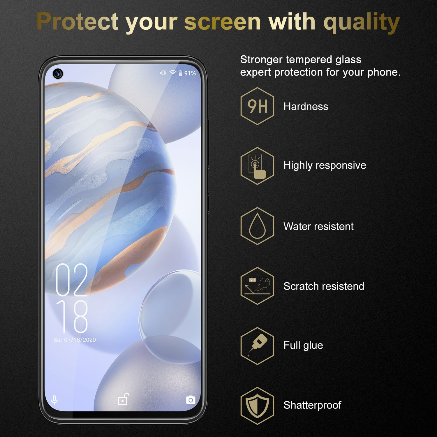 Uno schermo del telefono con protezione. Mostra data e ora, la protezione ha icone.