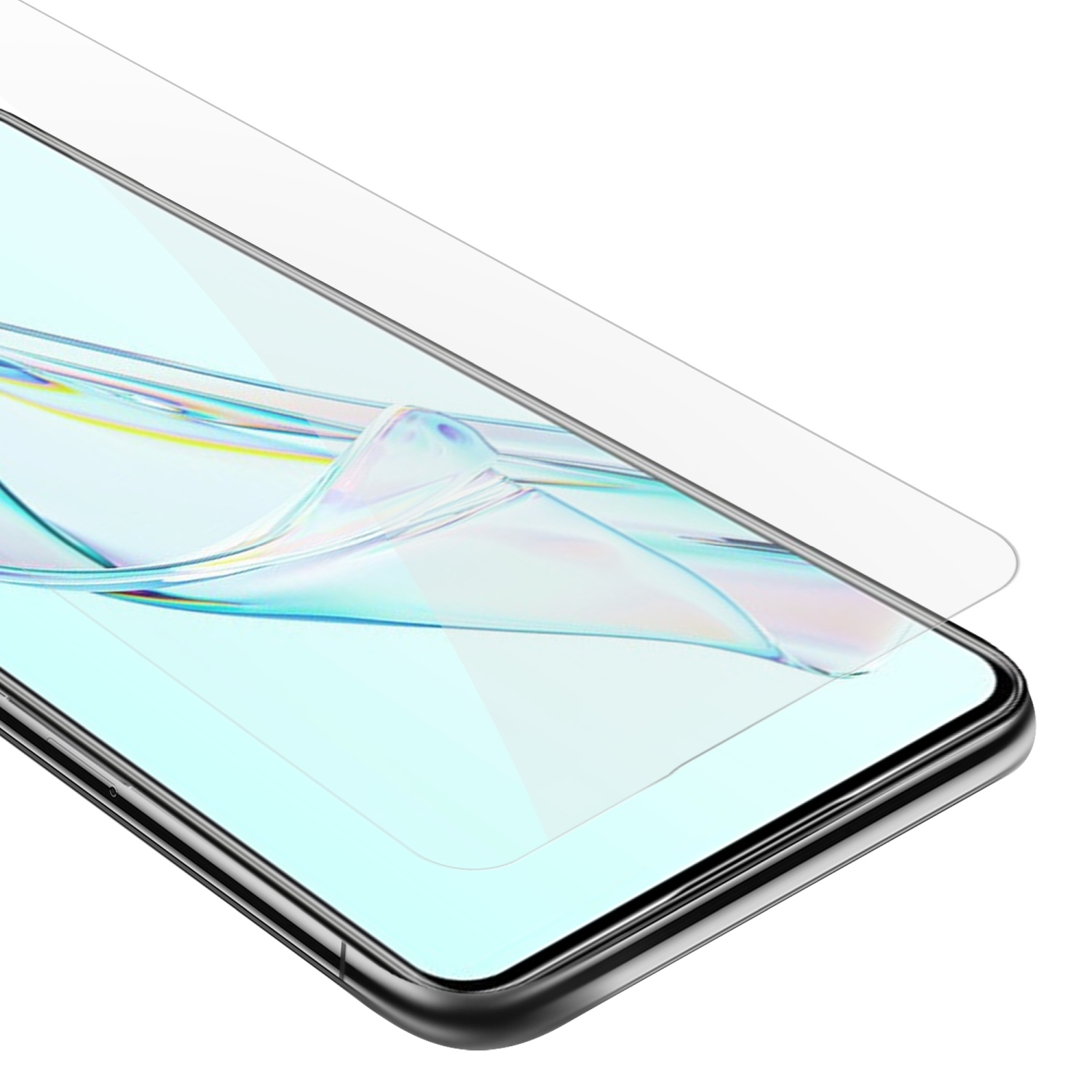Uno schermo del telefono viene coperto con una protezione. La protezione è trasparente e copre quasi lo schermo.