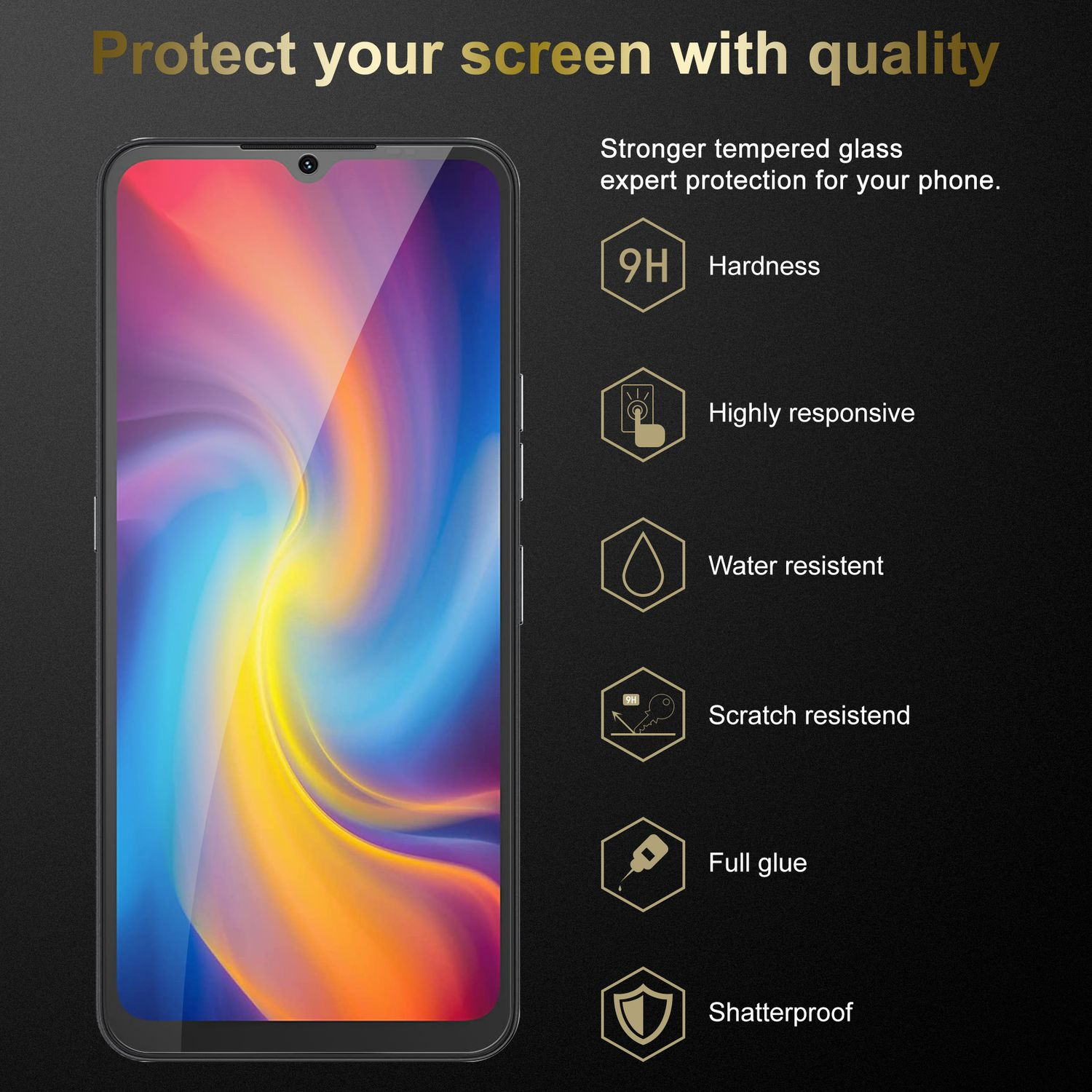 Protector de pantalla en un teléfono con texto sobre calidad y características.