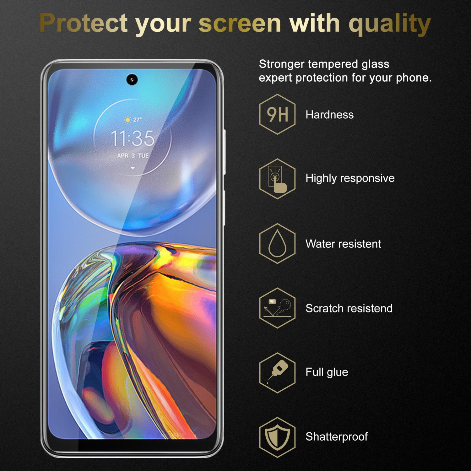 Uno schermo del telefono con una protezione, che illustra caratteristiche come durezza, resistenza all'acqua e infrangibilità.