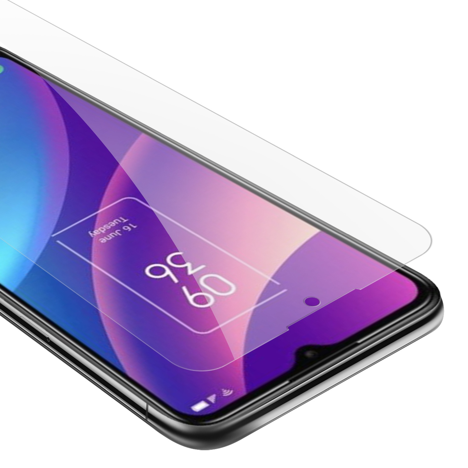 Primo piano del telefono con protezione schermo. Mostra data e ora.