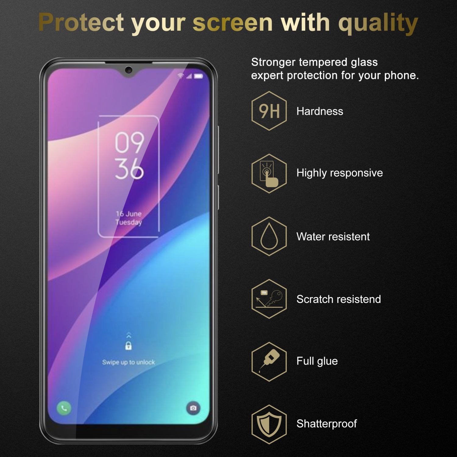 Smartphone con protezione schermo. Lo schermo mostra viola e blu. Dettagli sulla protezione.