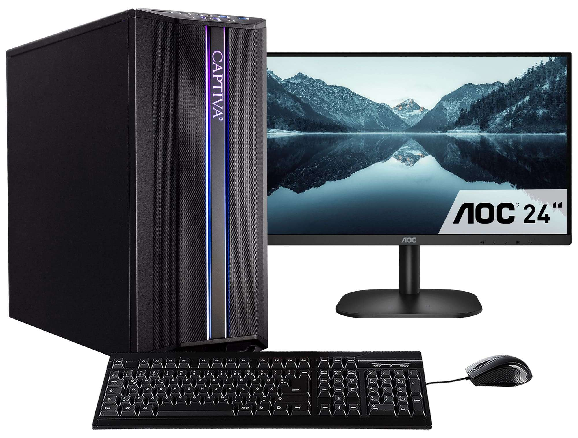 Tour PC noire à côté d'un moniteur, clavier et souris. Fond blanc.