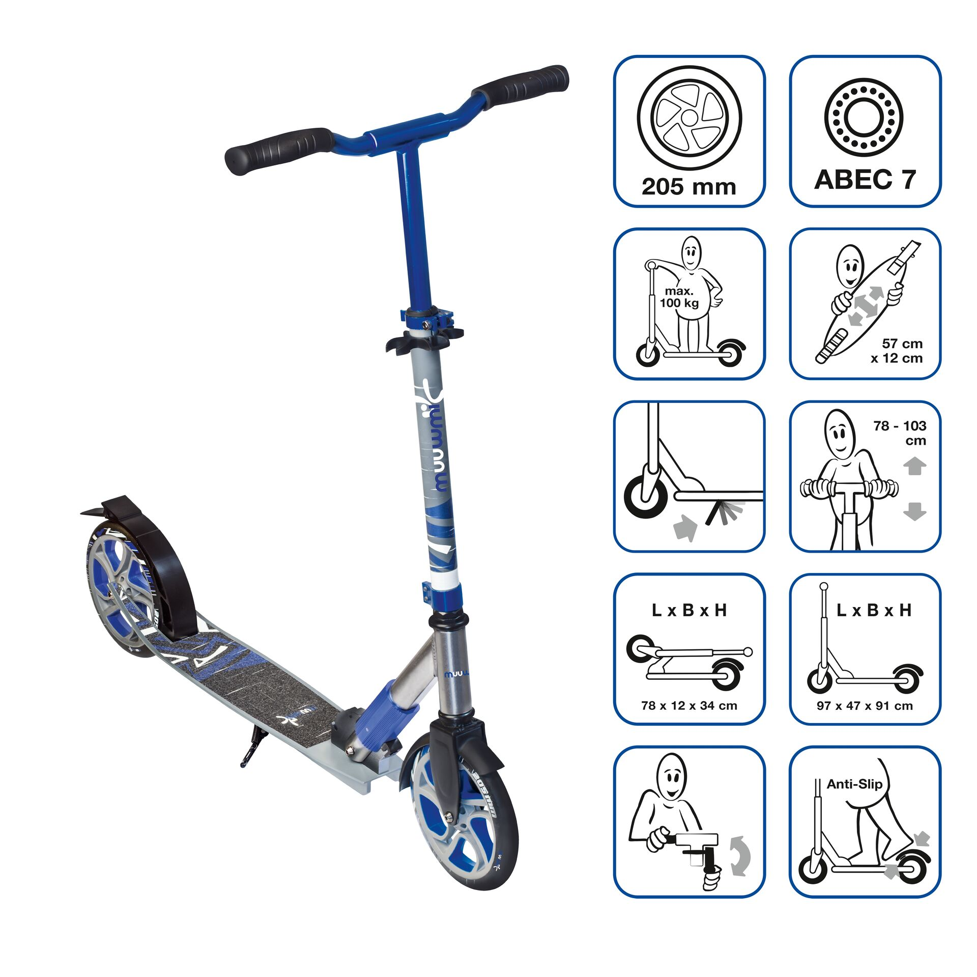 Deluxe Kinderfahrzeug grau-blau MUUWMI 205 Aluminium mm Scooter