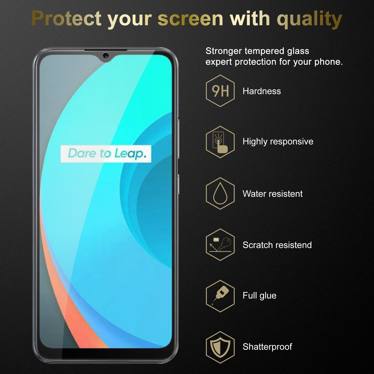 Smartphone con protezione schermo. Vengono elencate le caratteristiche della protezione, come durezza, reattività e resistenza all'acqua.