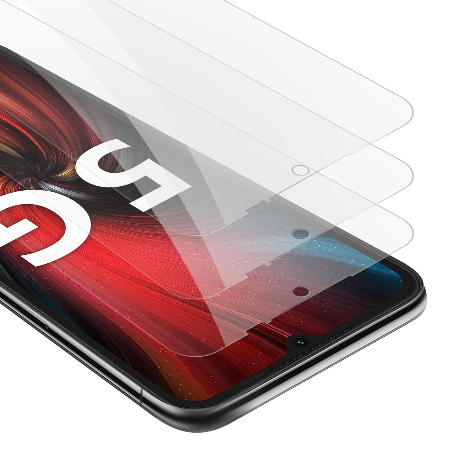 Un primo piano di uno schermo del telefono con una protezione per lo schermo applicata. Lo schermo è rosso e blu.