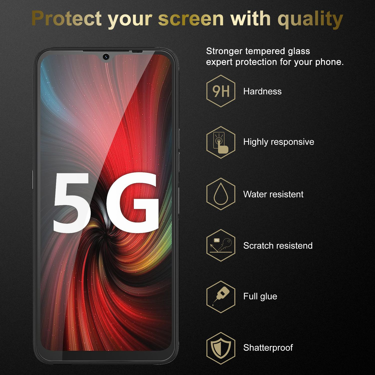 Telefono con protezione schermo. Icone e testo: durezza 9H, 5G, resistente all'acqua.
