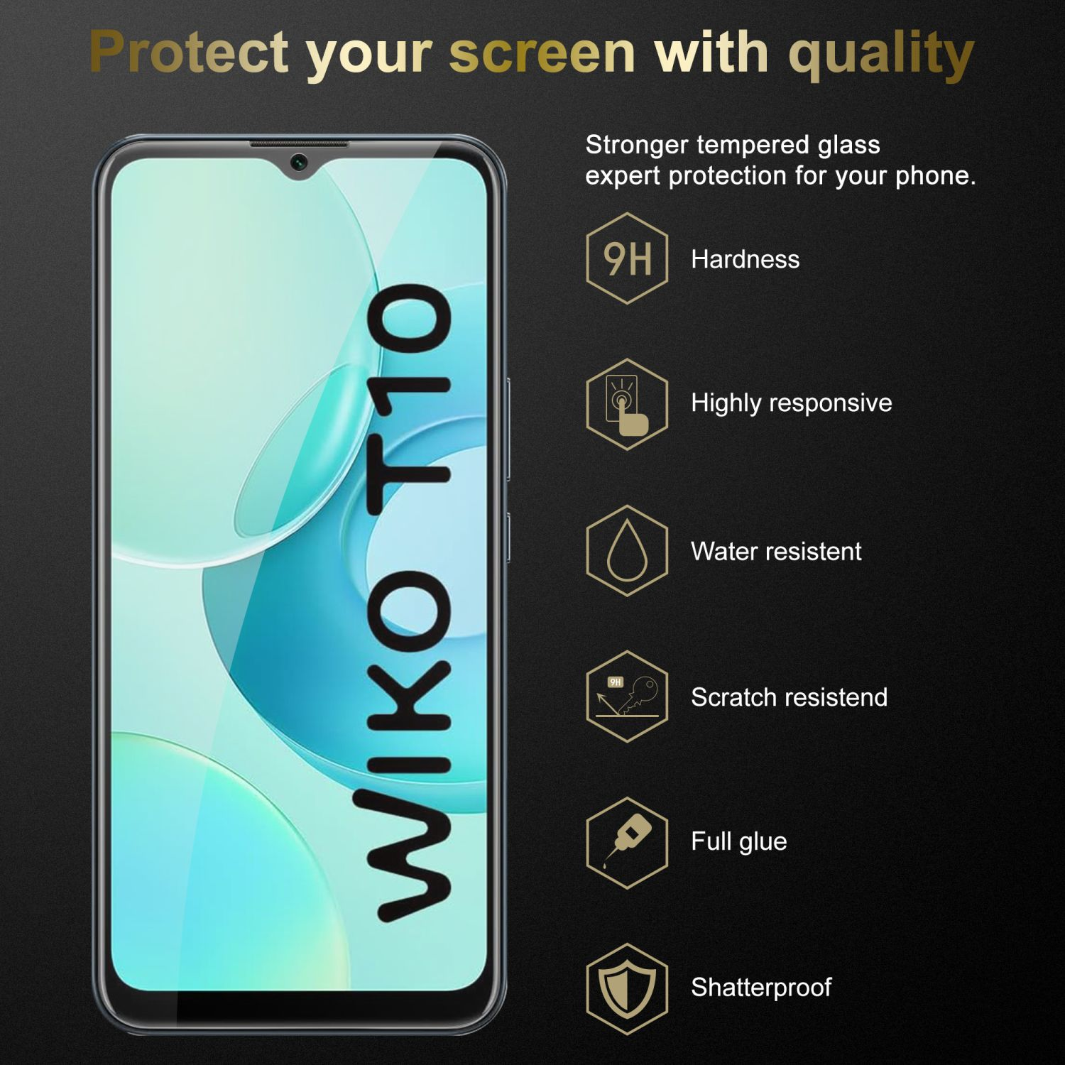 Teléfono con protector de pantalla. Características: dureza, capacidad de respuesta, resistencia al agua, arañazos y pegamento completo.