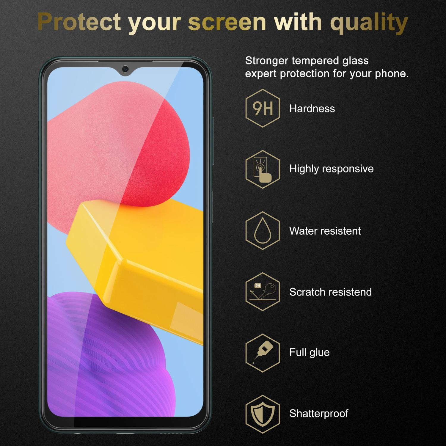 Uno schermo del telefono con una protezione per lo schermo applicata, che mostra uno sfondo astratto colorato. Sfondo scuro.