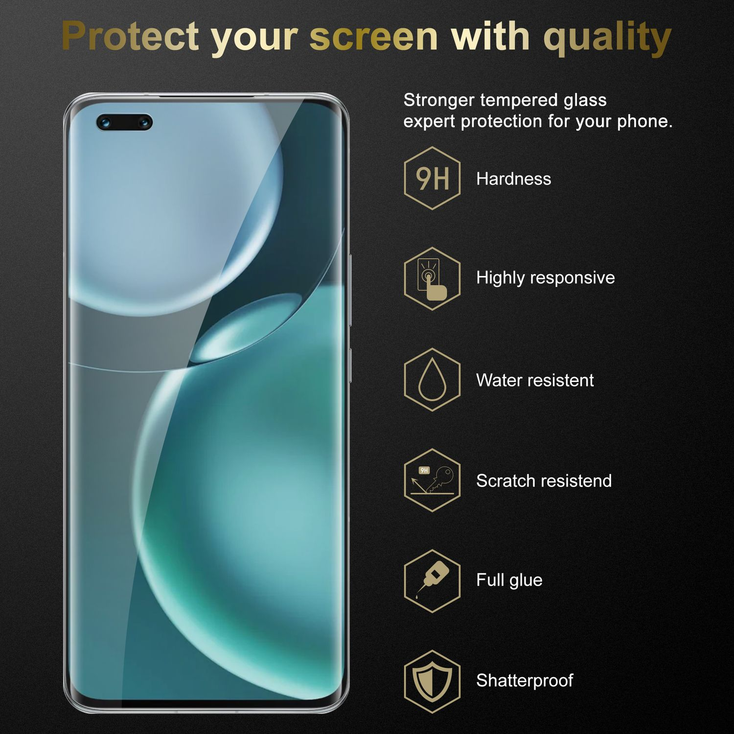 Un telefono con una protezione per lo schermo, insieme a icone e testo che descrivono le caratteristiche.